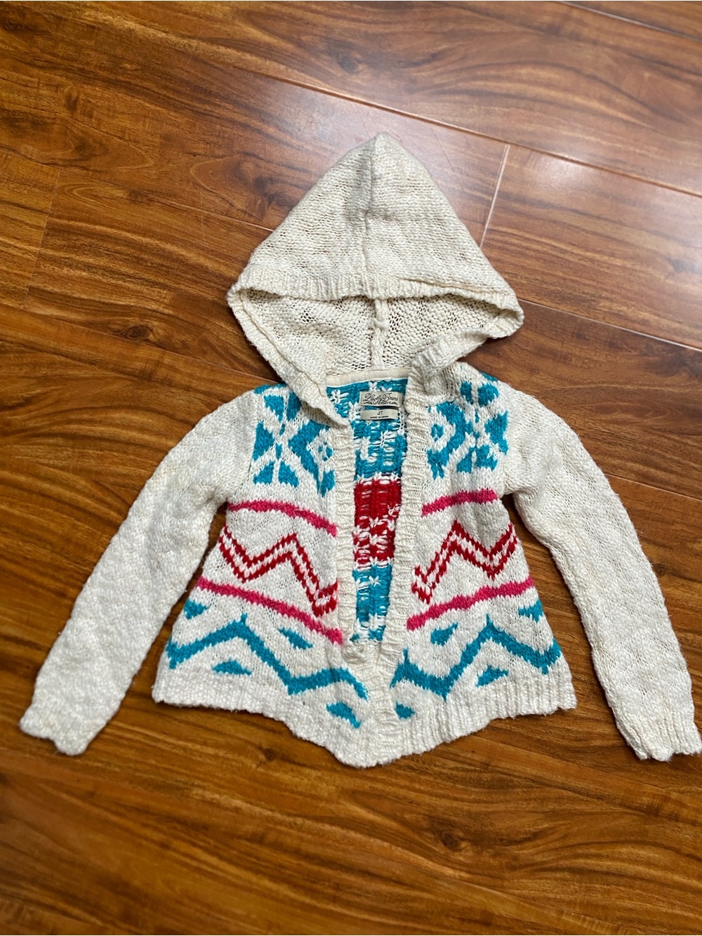 Lucky Brand Girls Cream Teal Aztec Pattern Hooded Open Sweater Size 2T Western